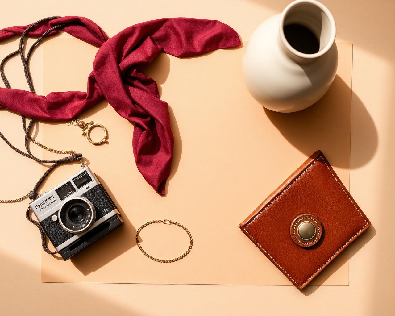 Flat lay of curated vintage objects — camera, silk scarf, brass jewelry, ceramic vase, leather wallet
